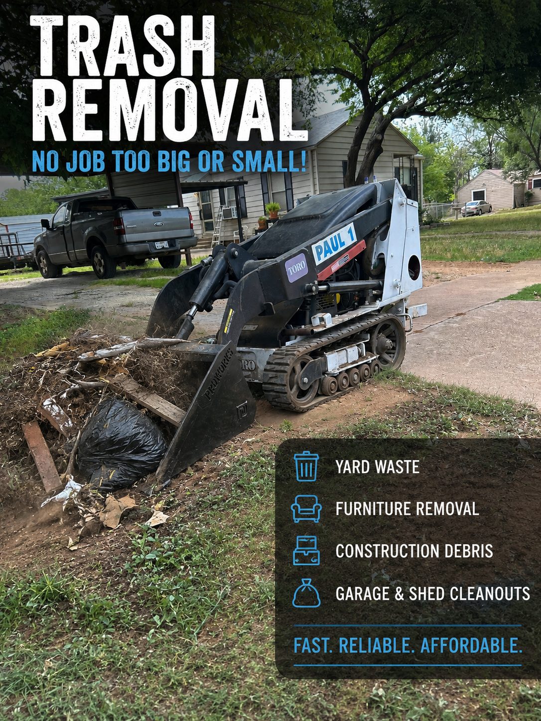 Trash removal service in Abilene TX using a Toro Dingo mini skid steer to load junk and debris for fast property cleanup.