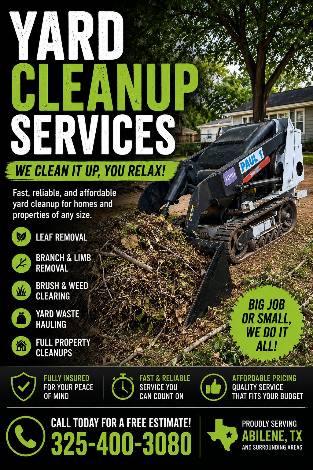 Yard cleanup services in Abilene TX using a Toro Dingo mini skid steer to remove brush, tree limbs, and yard debris from an alley.