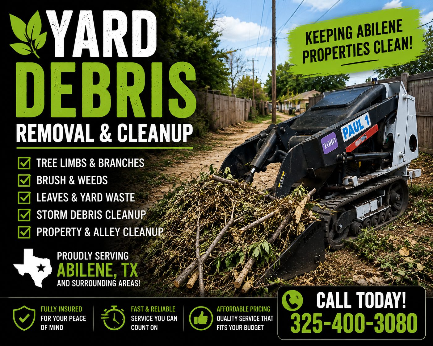 Yard debris removal in Abilene TX using a Toro Dingo mini skid steer to load tree limbs, brush, and storm debris from an alley.