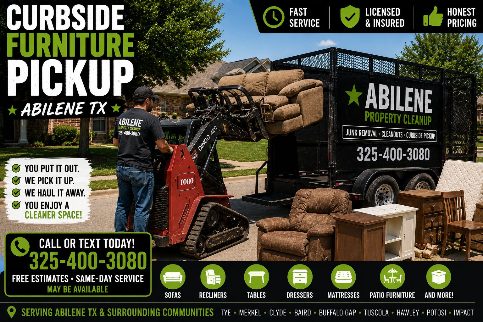 Action curbside furniture pickup in Abilene TX with a Toro Dingo loading a sofa into an Abilene Property Cleanup trailer