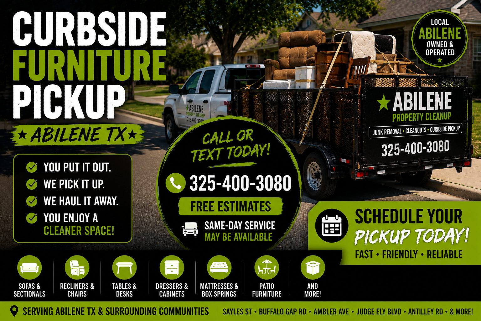 Call-to-action graphic for curbside furniture pickup in Abilene TX with a loaded trailer, phone number, and pickup scheduling message