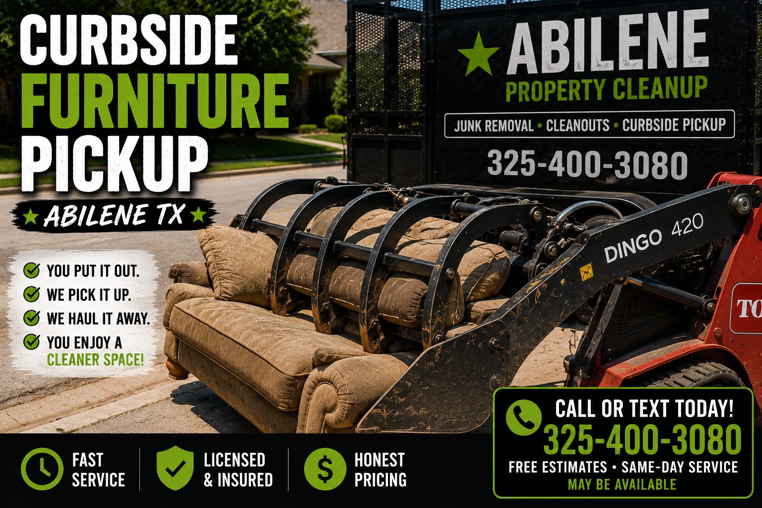 Close-up of curbside furniture pickup in Abilene TX with a Toro Dingo grapple lifting a sofa beside a utility trailer