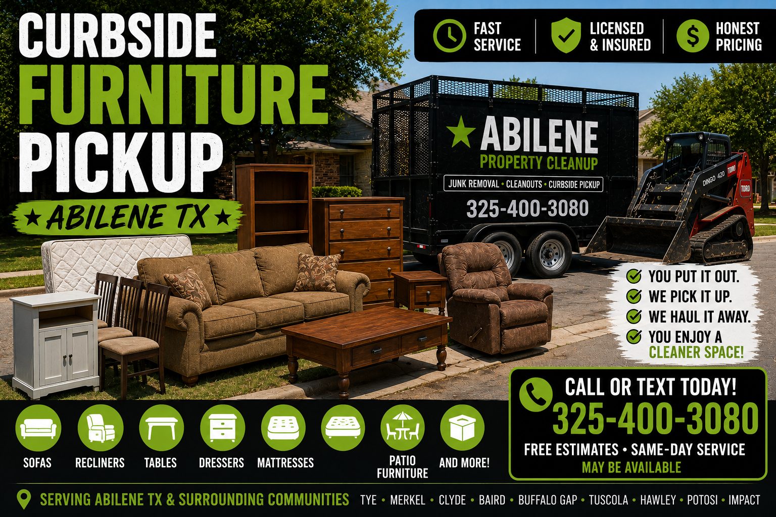Curbside furniture pickup in Abilene TX with sofas, recliner, tables, dressers, mattress, Toro Dingo, and utility trailer