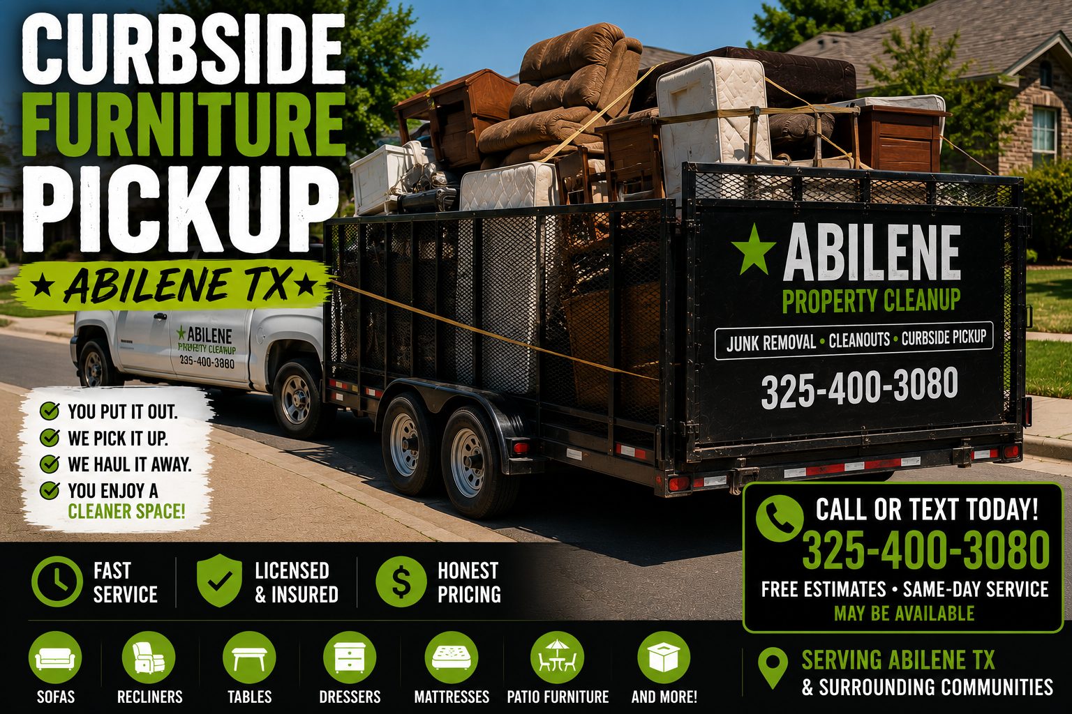 Loaded trailer after curbside furniture pickup in Abilene TX with sofas, recliners, tables, dressers, mattresses, and other furniture secured for hauling