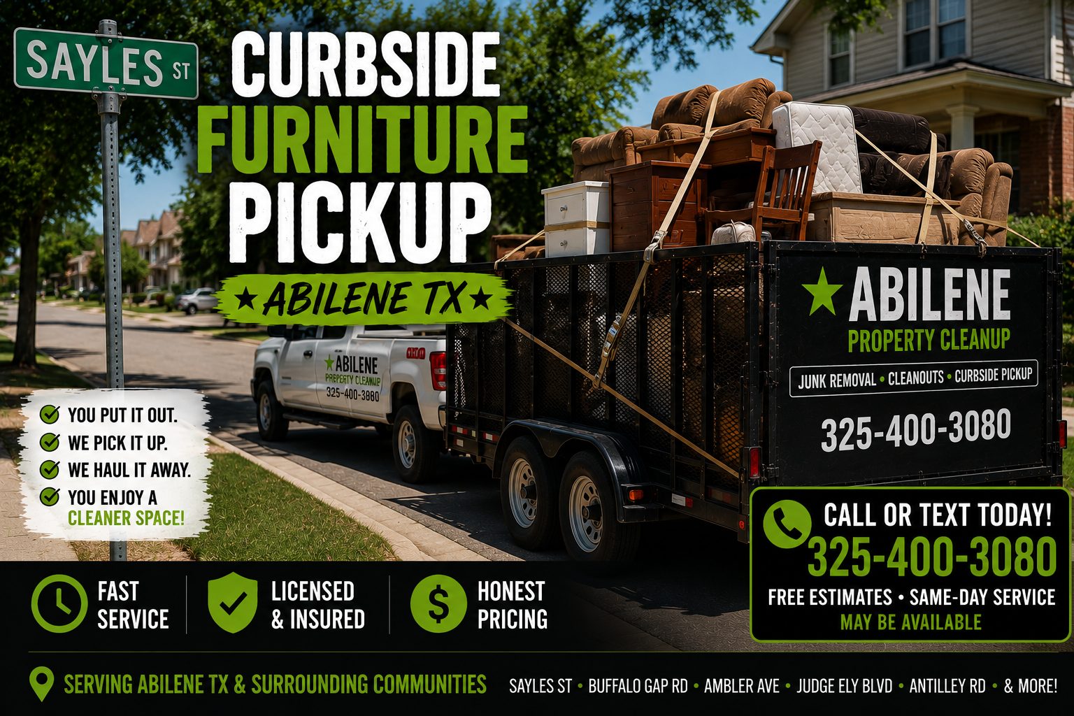 Curbside furniture pickup on Sayles Street in Abilene TX with a loaded utility trailer hauling sofas, chairs, dressers, tables, and mattresses