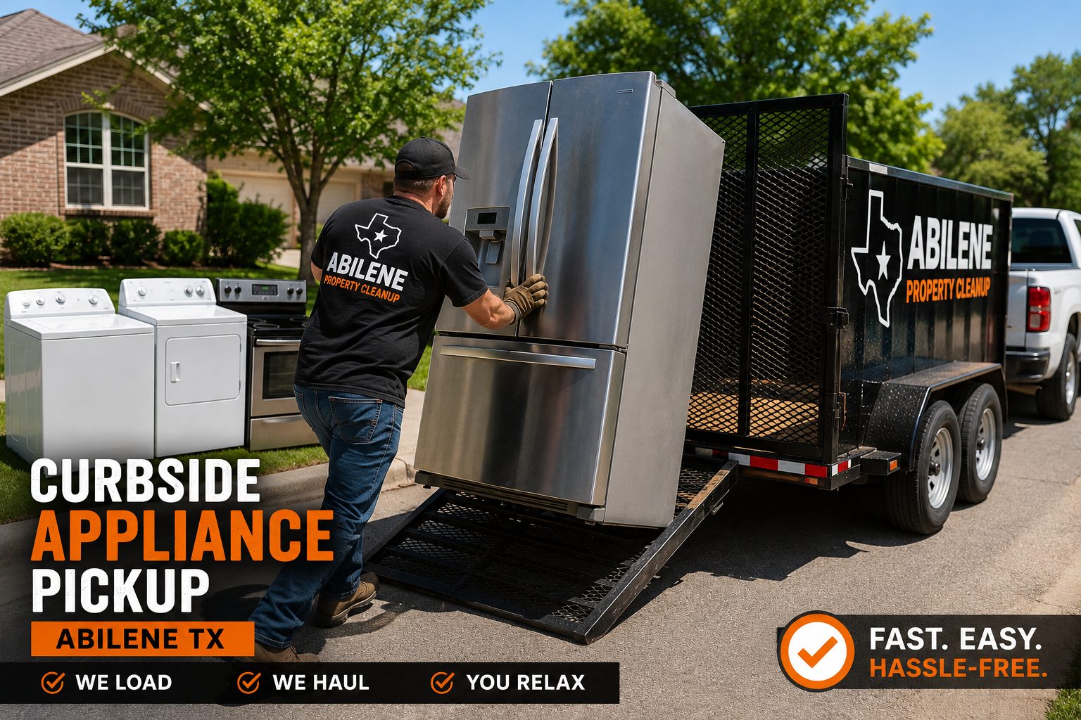 Worker loading a refrigerator during curbside appliance pickup in Abilene TX