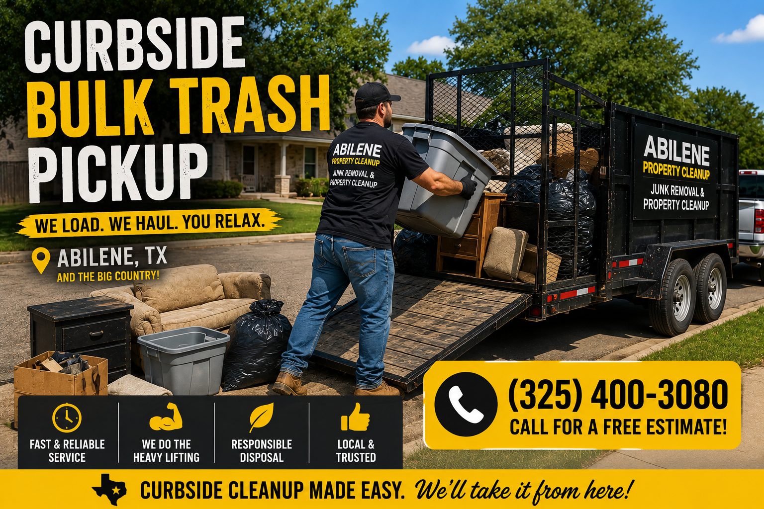 Worker loading bulky household trash into a utility trailer during curbside bulk trash pickup in Abilene TX
