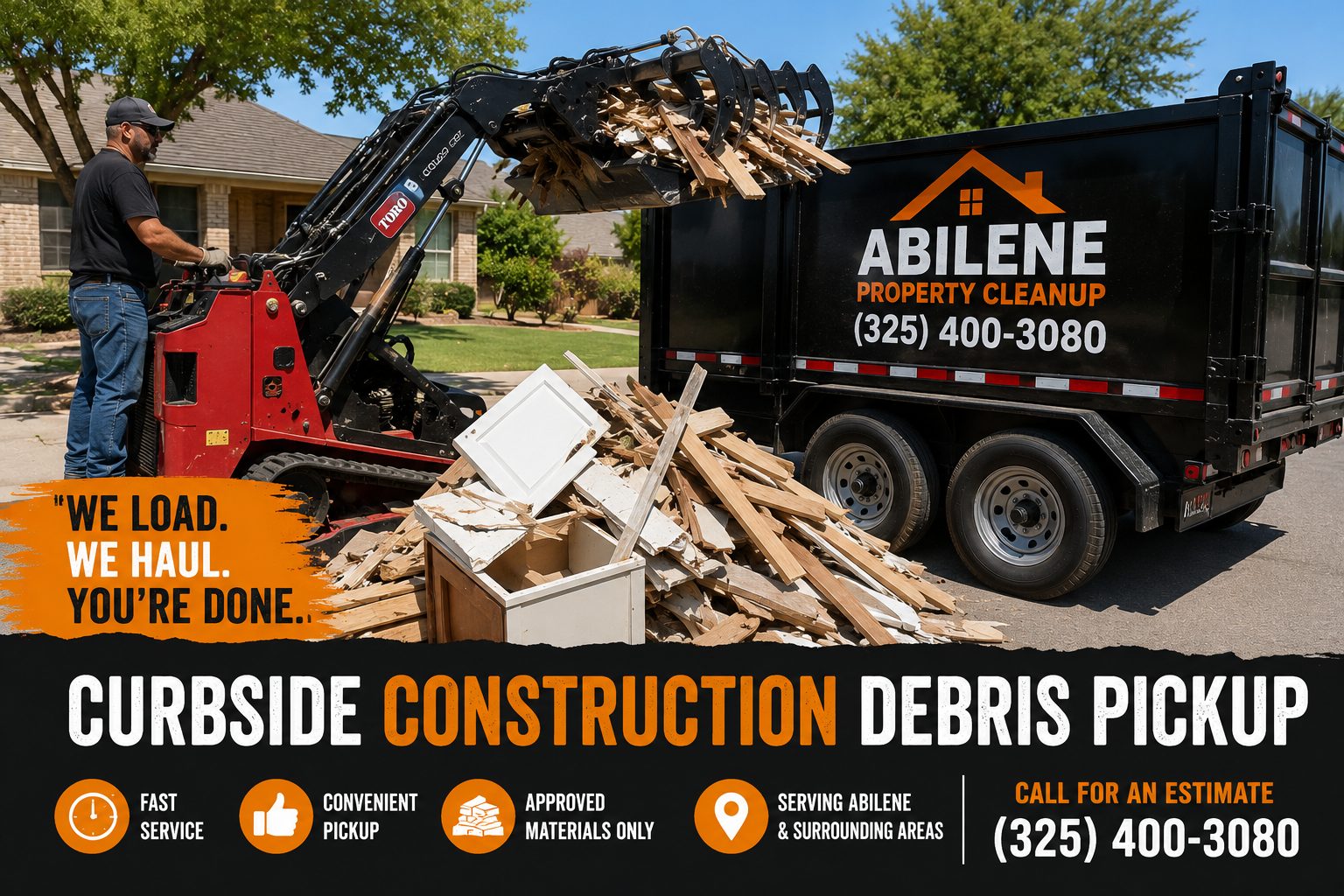 Action view of curbside construction debris pickup in Abilene TX with debris being loaded for hauling