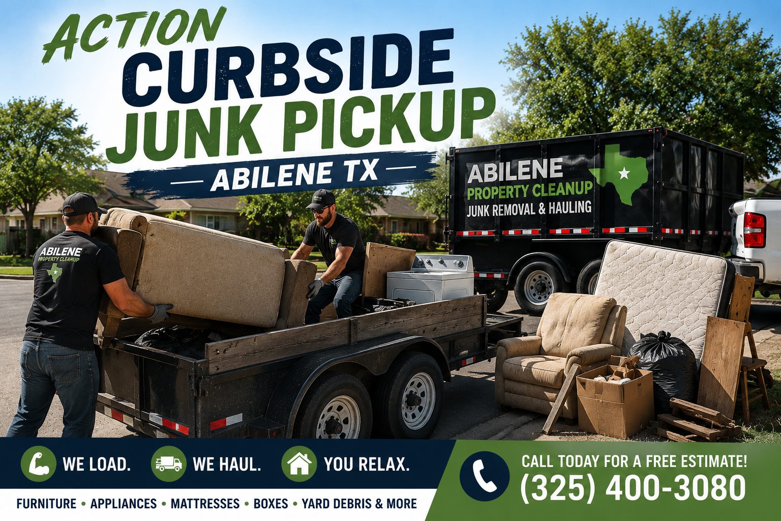 Action curbside junk pickup in Abilene TX with workers loading furniture and household junk into a trailer