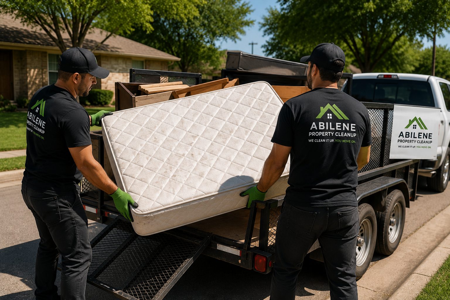Workers loading a mattress into a utility trailer during curbside mattress pickup in Abilene TX