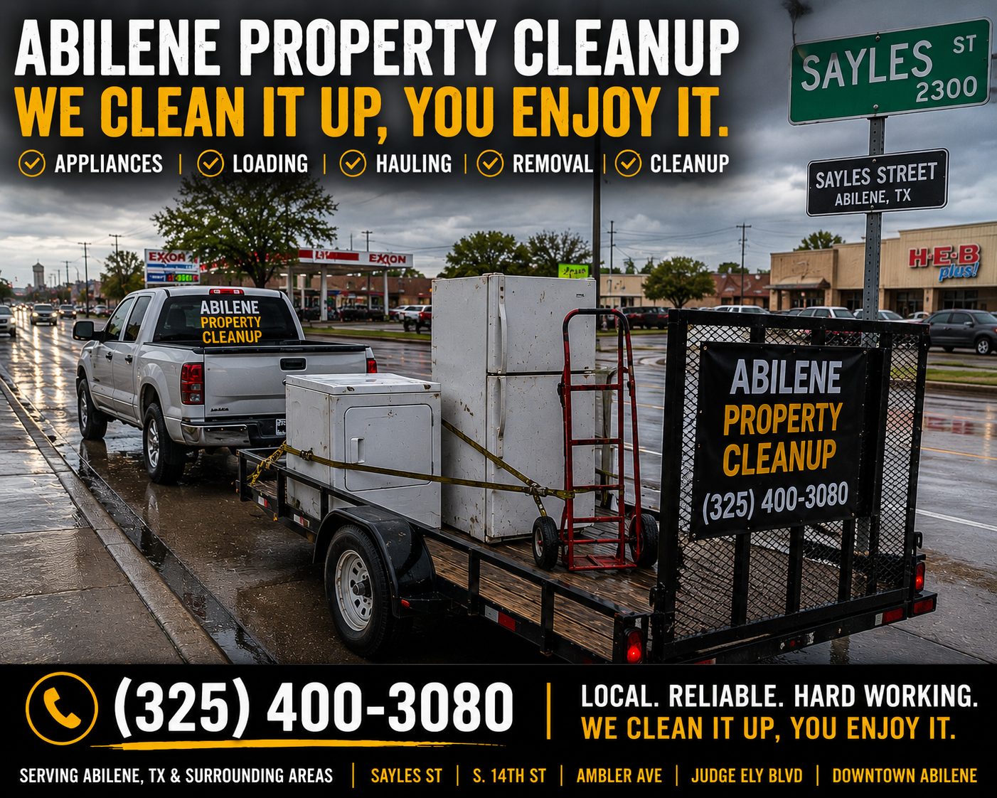 Water heater removal service during rainy weather in Abilene TX using professional hauling equipment.