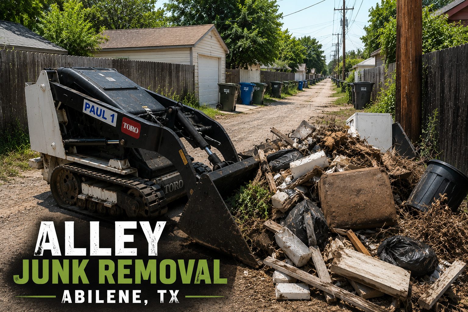 Toro Dingo mini skid steer removing junk and debris from a residential alley in Abilene TX.