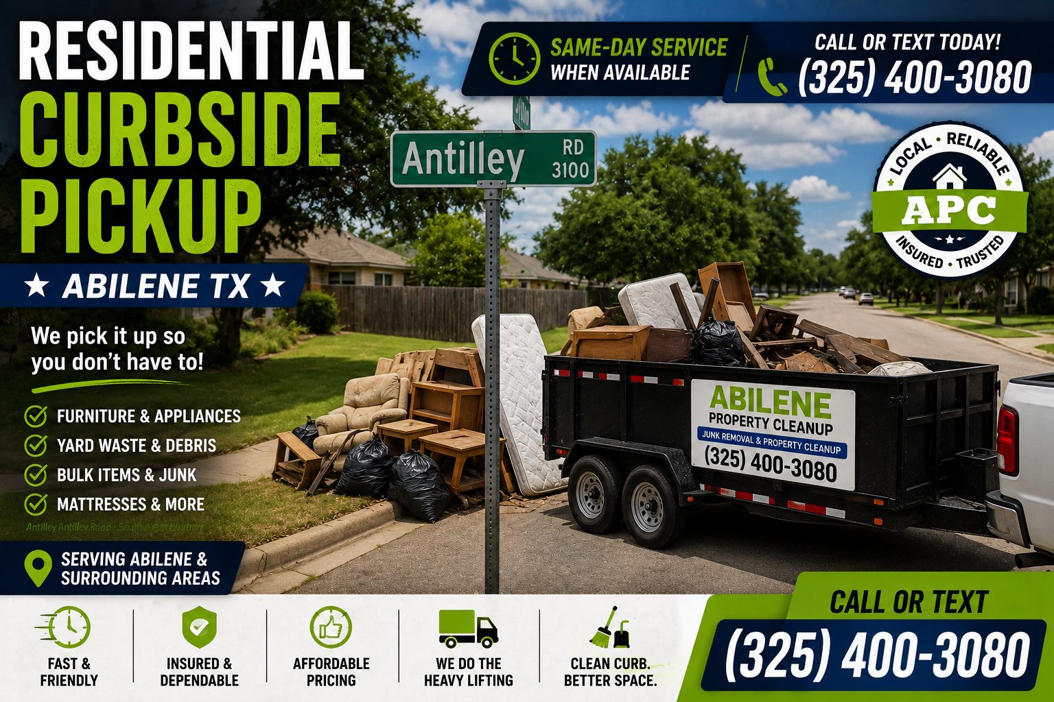 Residential curbside pickup on Antilley Road in Abilene TX by Abilene Property Cleanup