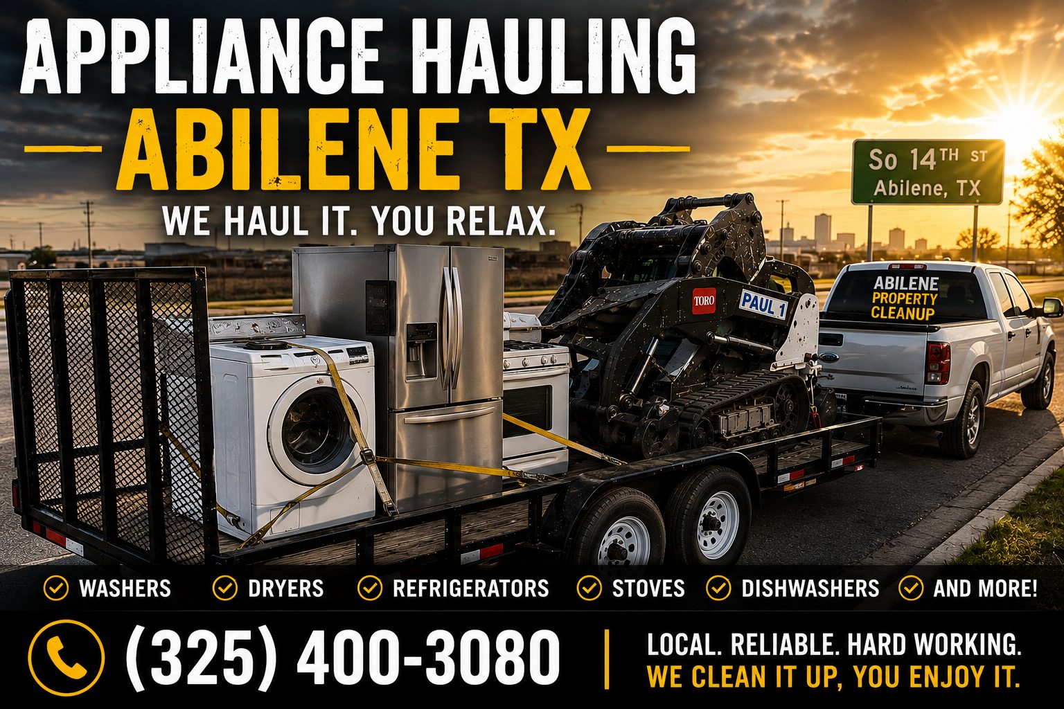 Appliance hauling in Abilene TX with Toro Dingo loading a refrigerator, washer, and dryer onto a utility trailer for fast property cleanup.