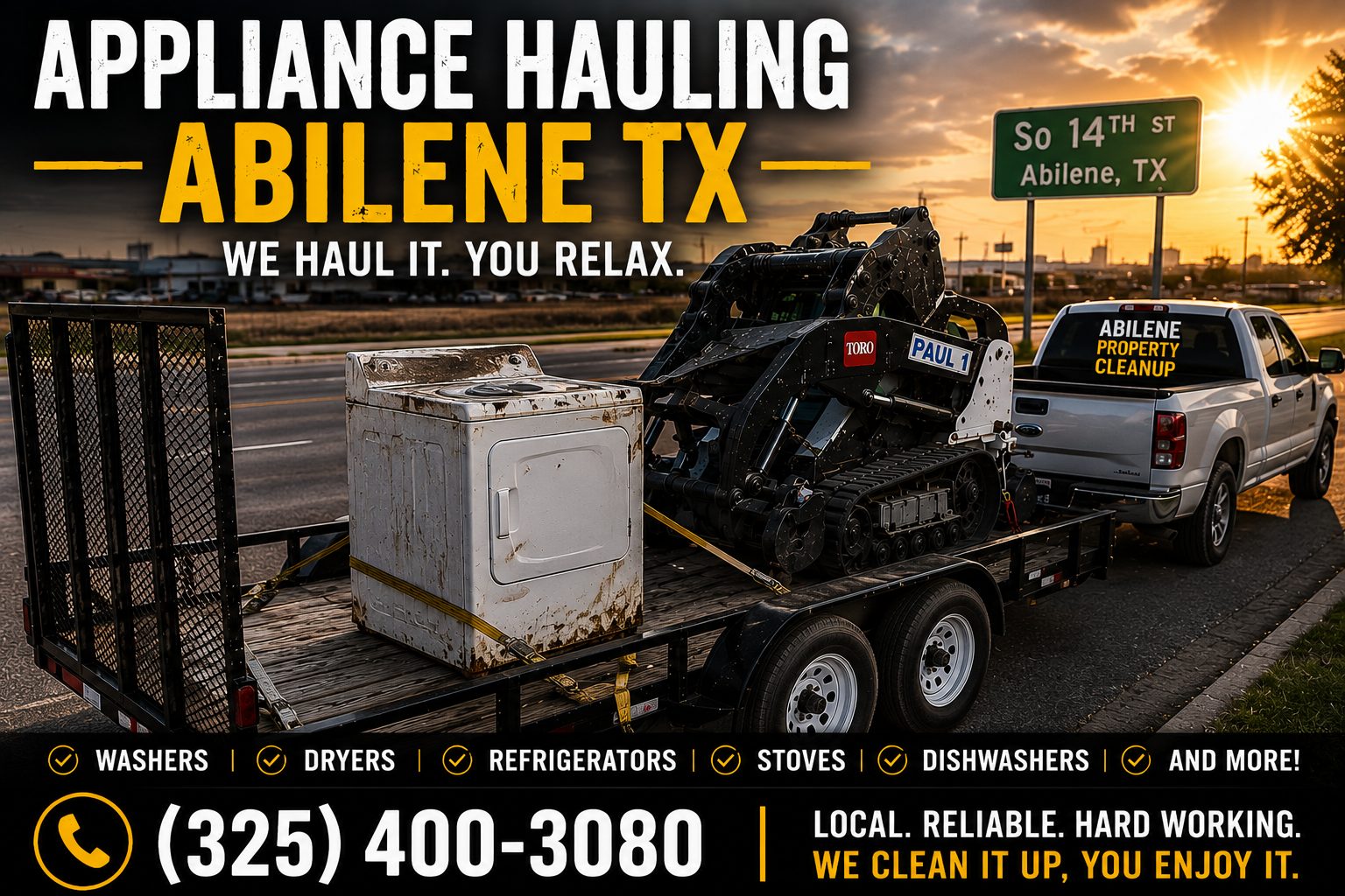 Utility trailer being loaded with old appliances in Abilene TX using a Toro Dingo during an appliance hauling project.