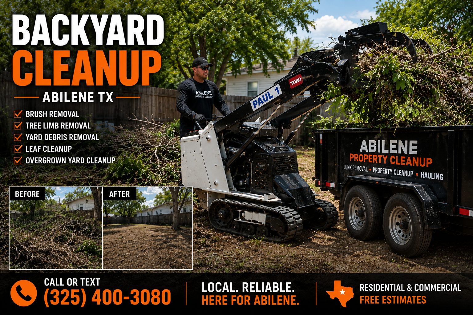 Toro Dingo mini skid steer with bucket grapple removing brush and tree debris during backyard cleanup in Abilene TX.