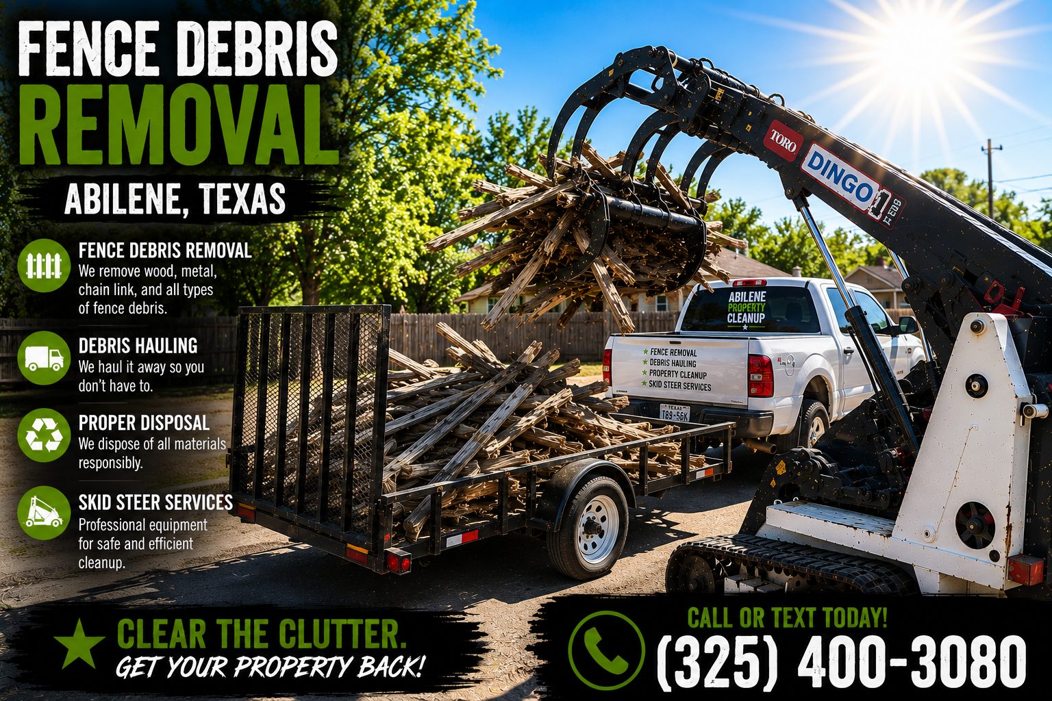 Backyard fence hauling service in Abilene TX with trailer loaded with wood fence debris and cleanup materials.