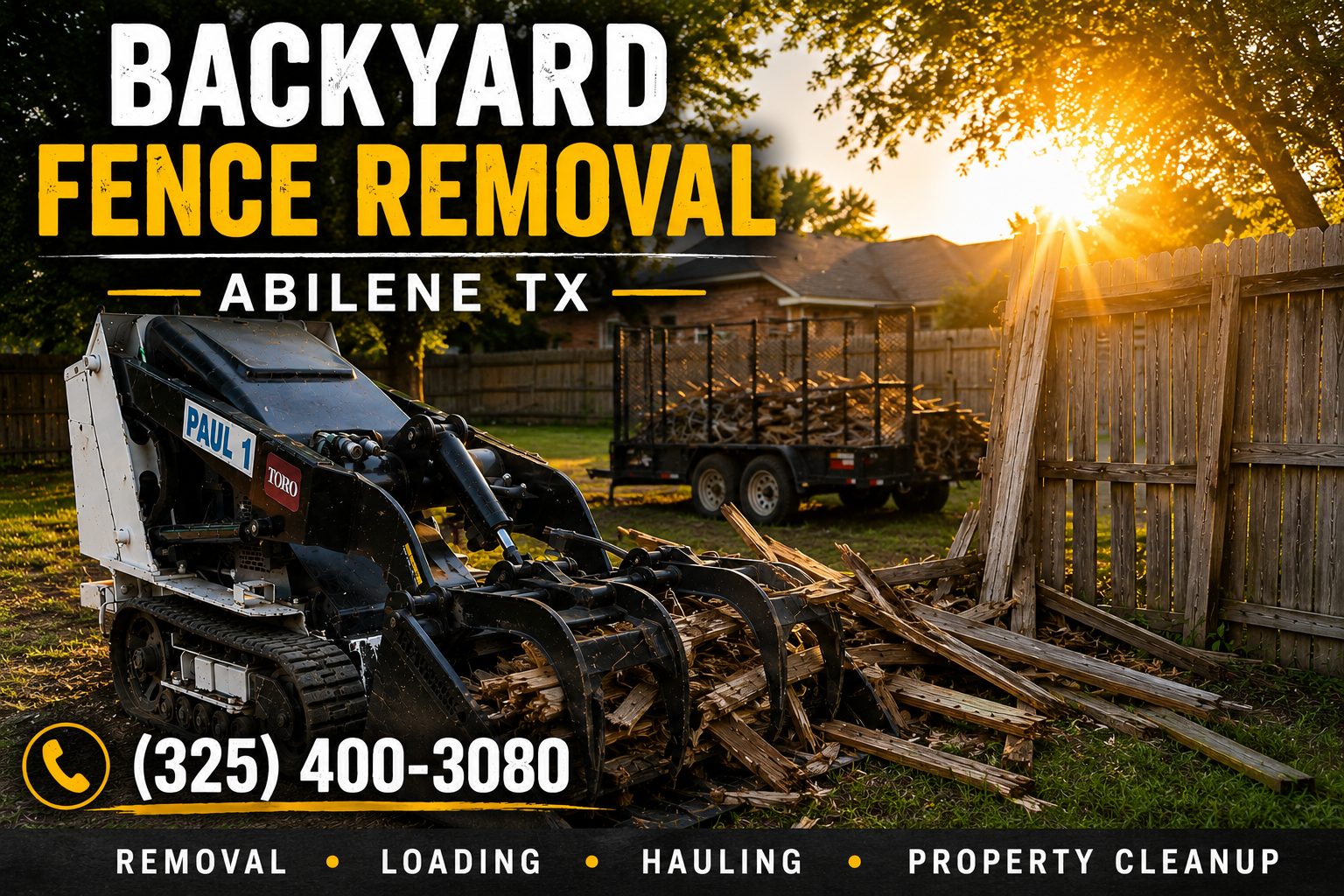 Backyard fence removal in Abilene TX during rainy weather using a Toro Dingo mini skid steer and grapple to load broken wood fence debris.