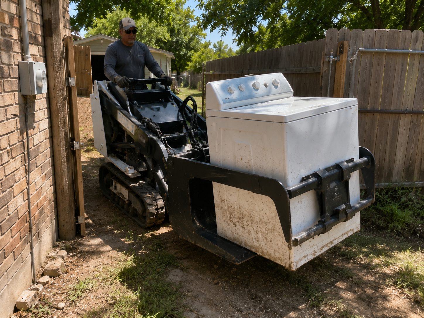 Toro Dingo removing a heavy washing machine through a backyard gate in Abilene TX.