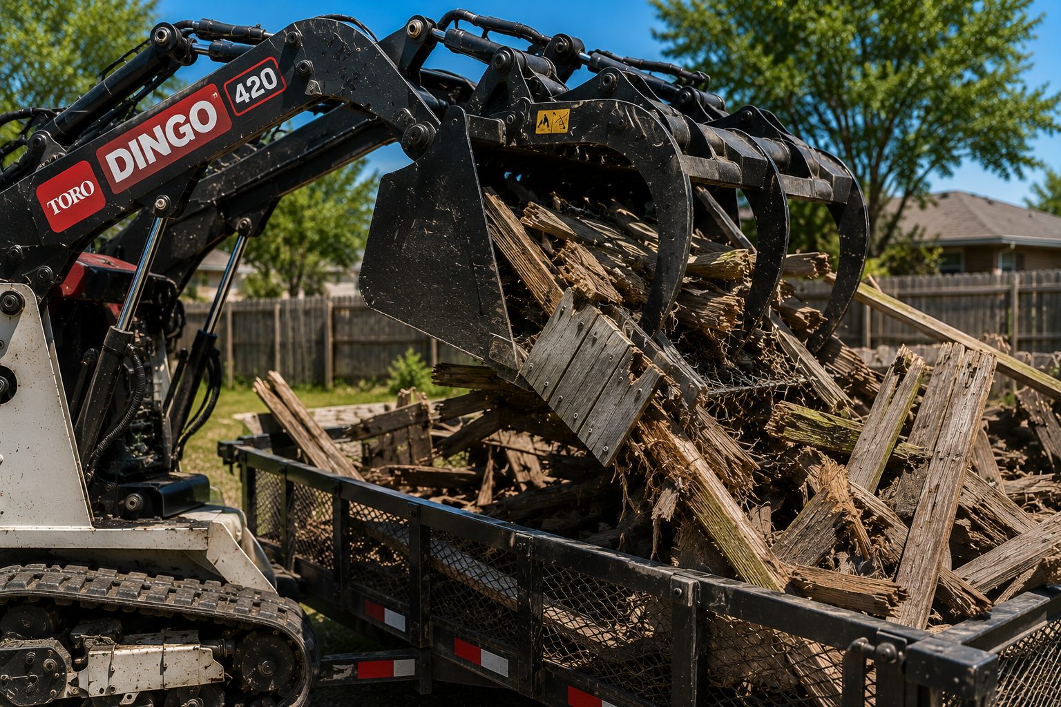 Backyard wood fence debris removal in Abilene TX with grapple attachment loading broken fence boards for hauling.