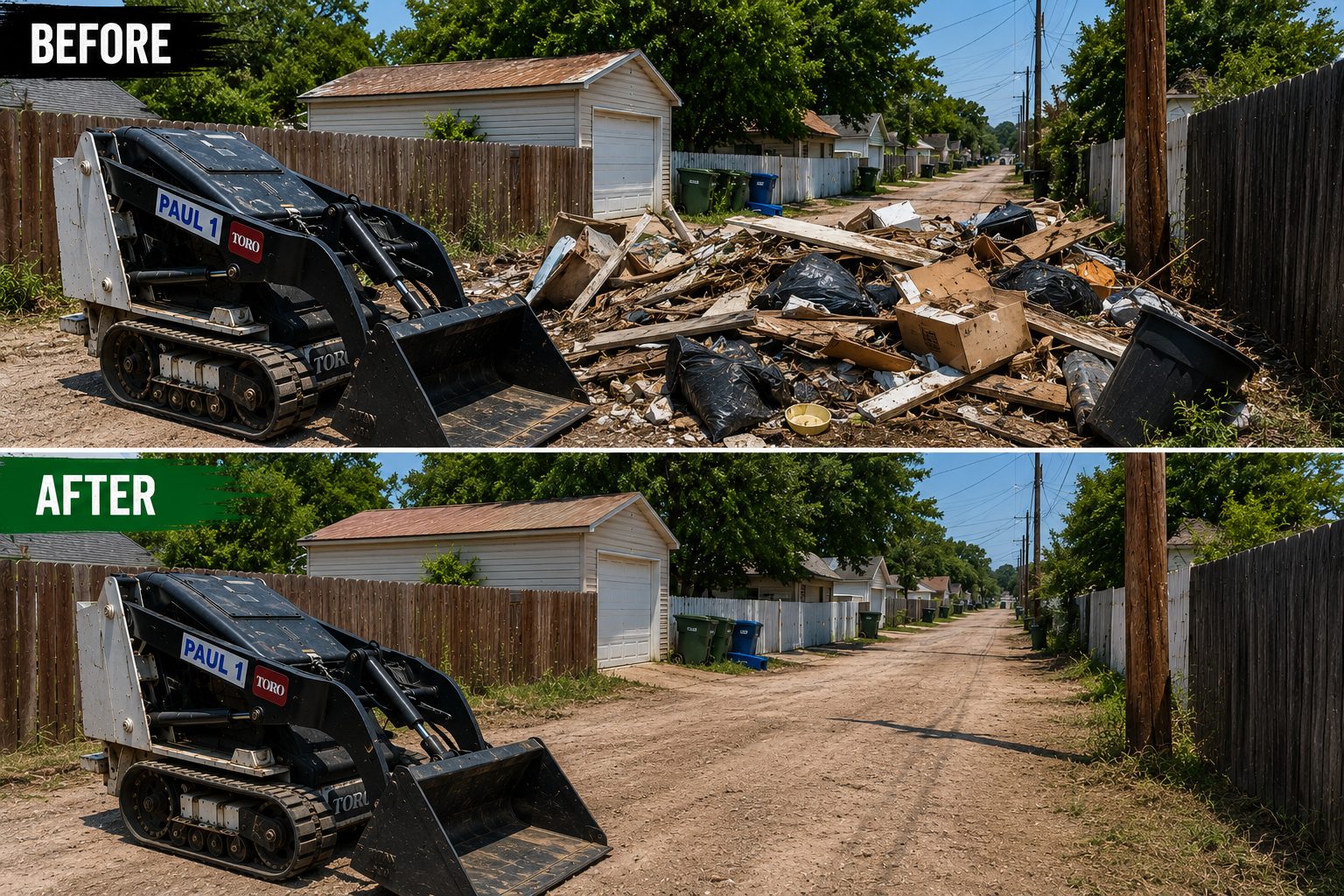 Before and after alley junk removal showing debris cleanup in Abilene TX.