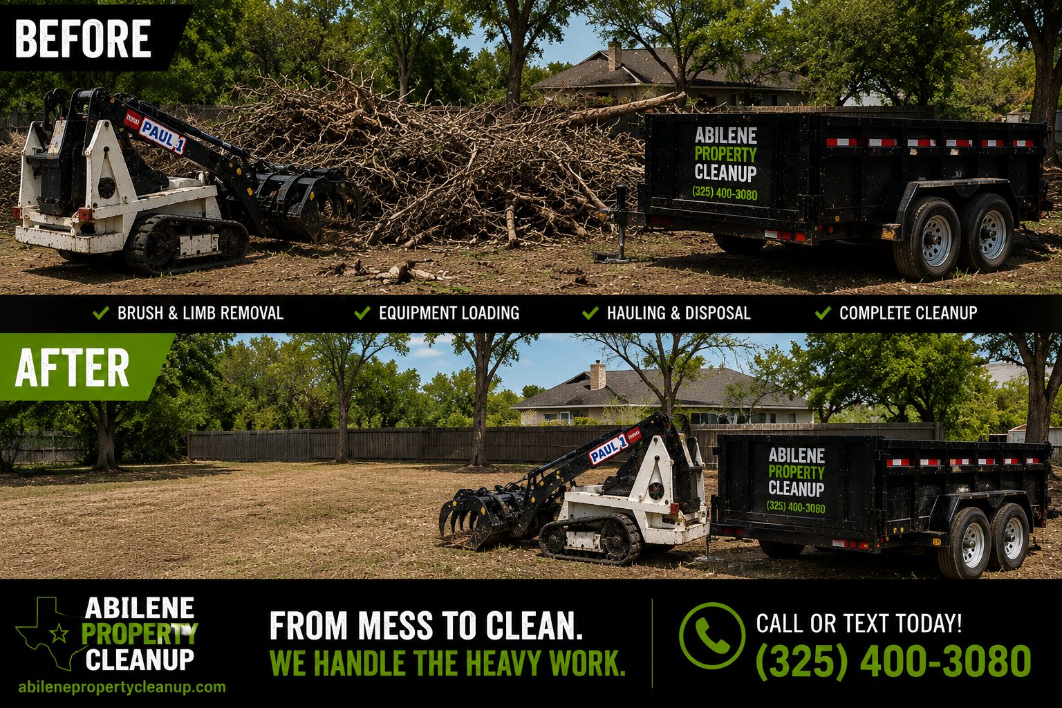 Before and after brush hauling cleanup project in Abilene TX
