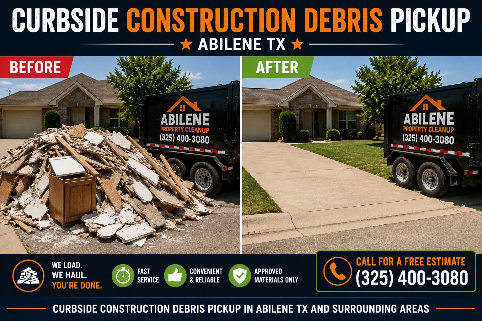 Before and after curbside construction debris pickup in Abilene TX showing a debris pile removed from a driveway