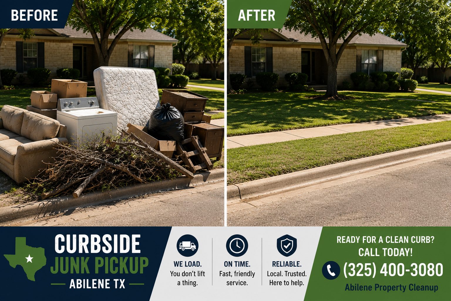 Before and after curbside junk pickup in Abilene TX showing furniture, appliances, boxes, brush, and household junk removed from the curb