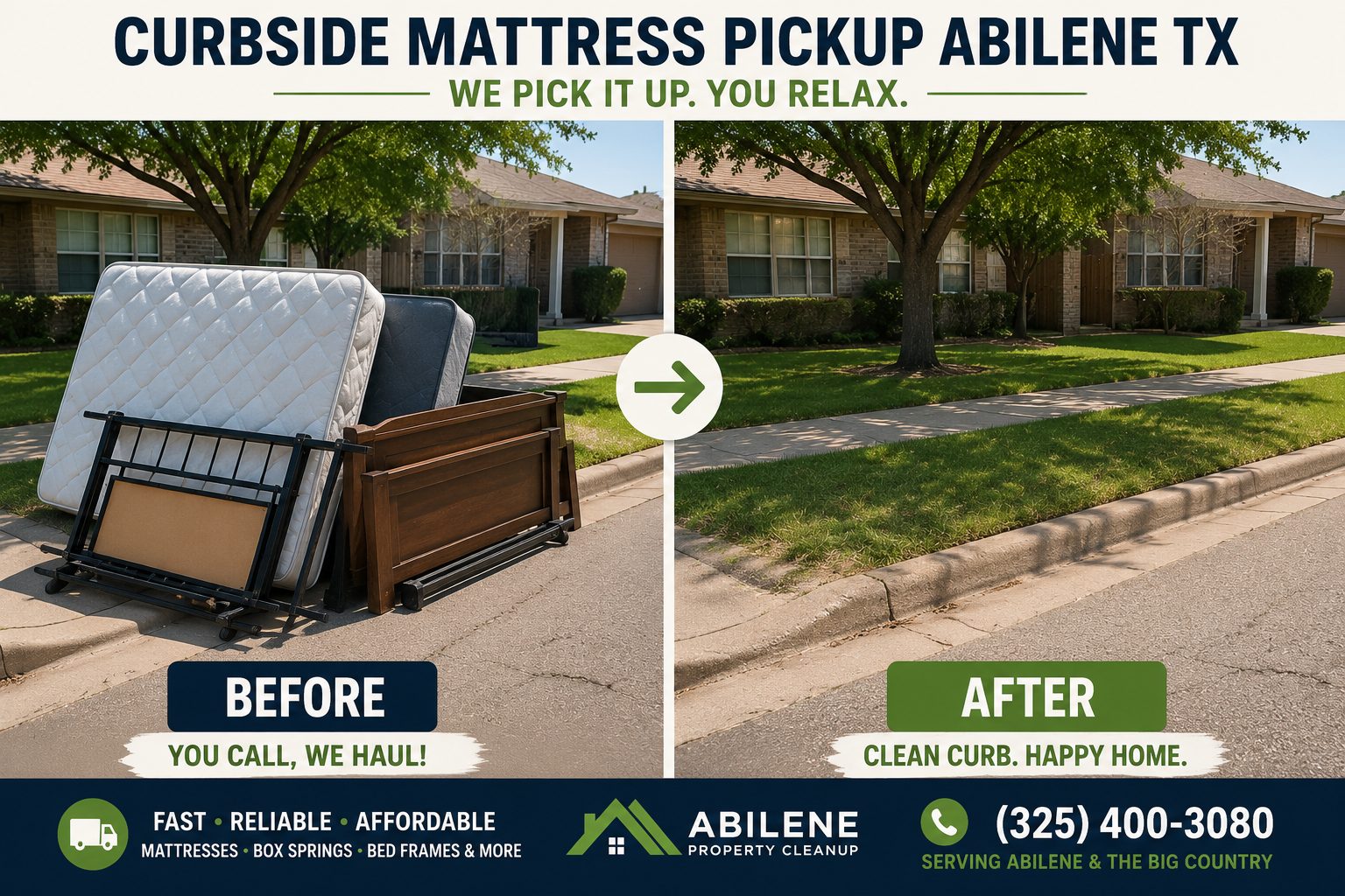 Before and after curbside mattress pickup showing mattresses and bed frames removed from an Abilene TX curb