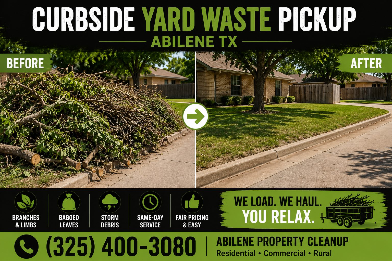 Before and after curbside yard waste pickup showing branches removed from an Abilene TX property