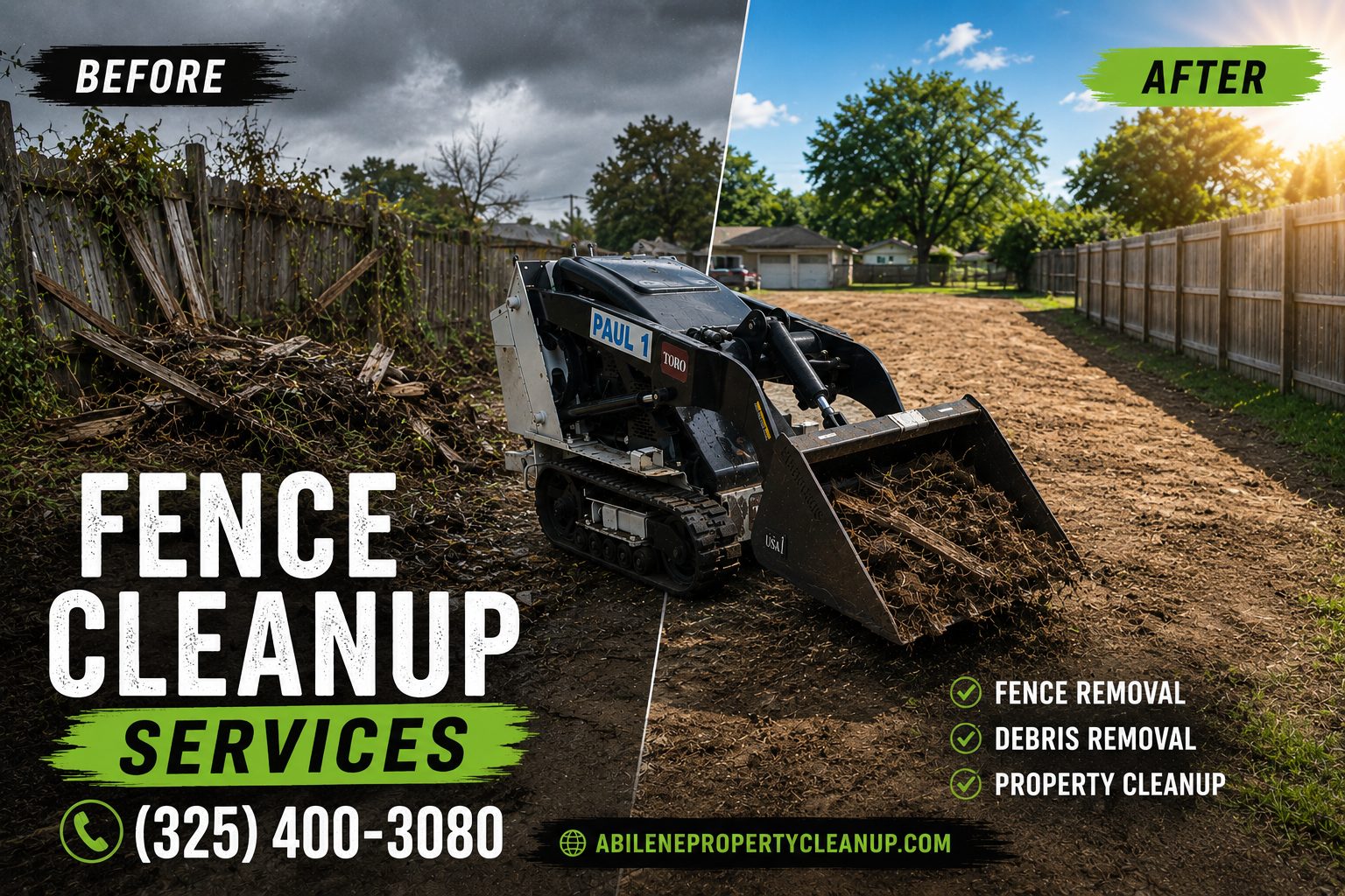 Before and after fence cleanup showing removal of damaged fencing and complete property cleanup in Abilene TX.
