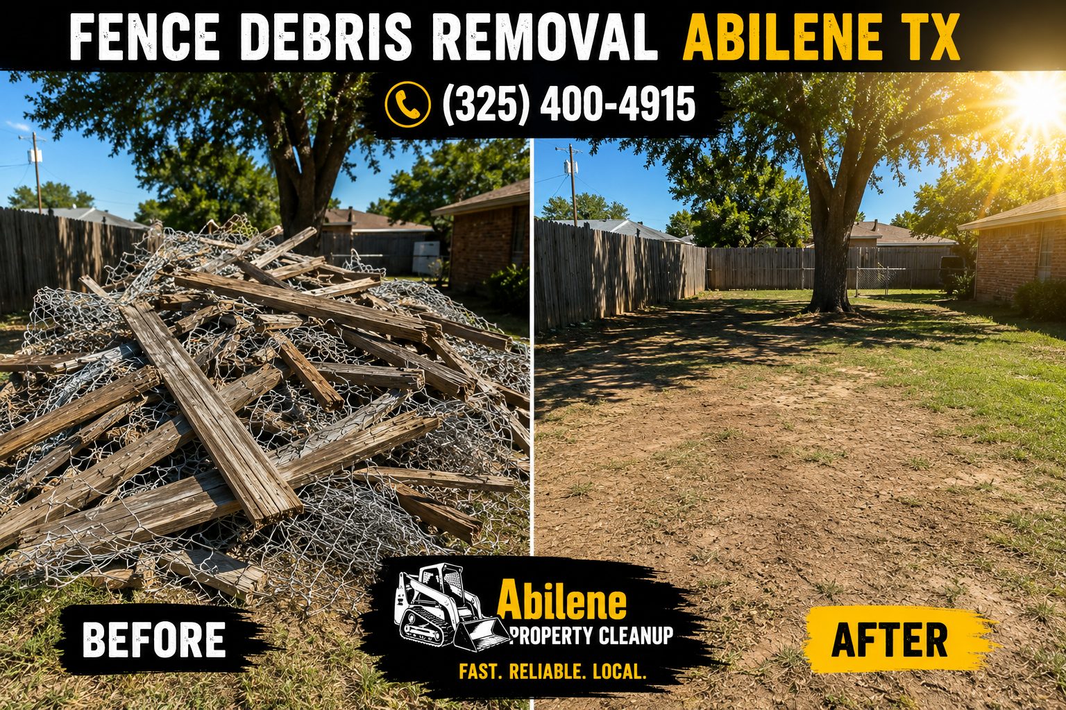 Before and after fence debris removal project in Abilene Texas