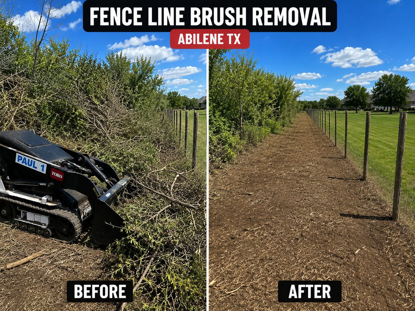 Before and after fence line brush removal project in Abilene TX