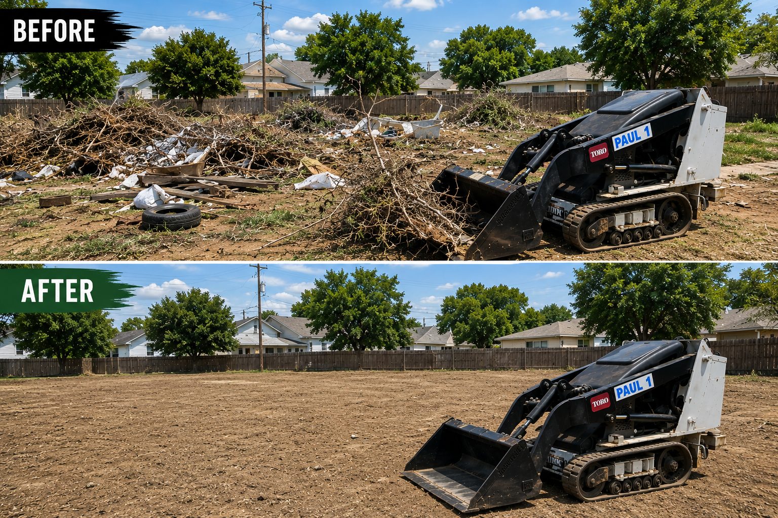 Before and after lot cleanup service showing brush and debris removal in Abilene TX.