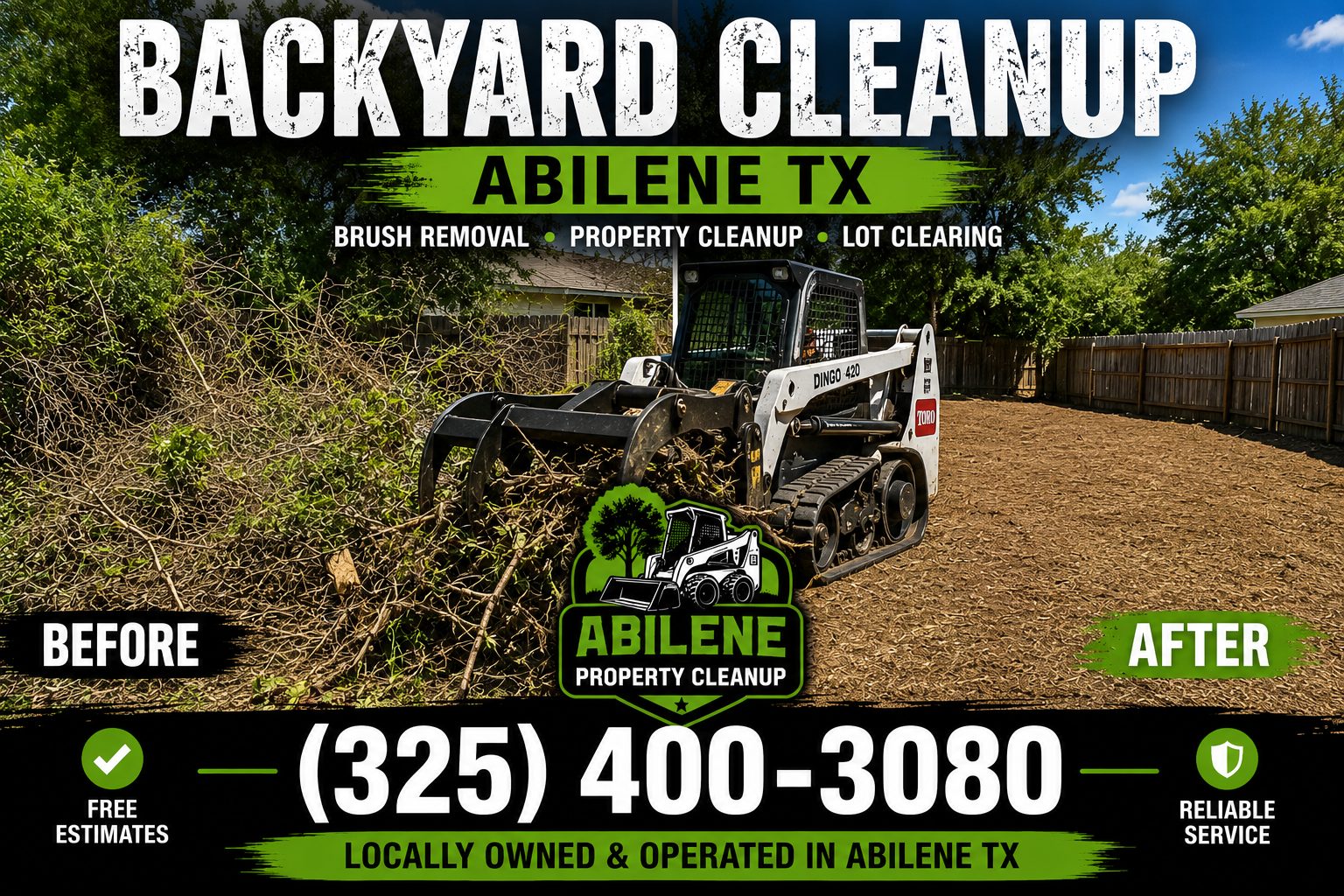 Before and after overgrown brush cleanup project in Abilene TX