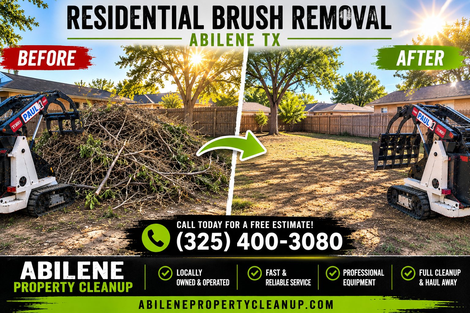 Before and after comparison showing residential brush removal and property cleanup services completed in Abilene TX.