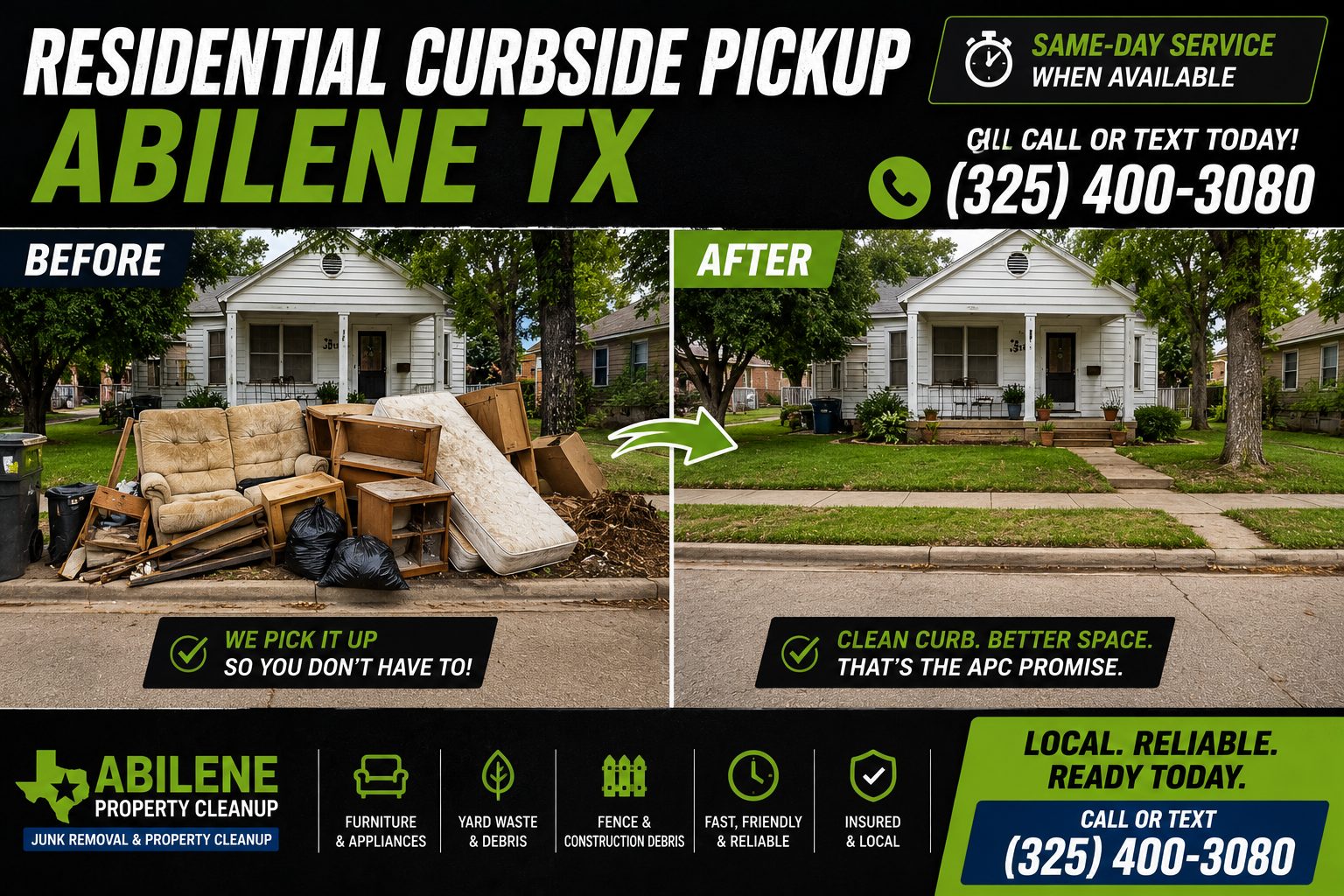 Before and after residential curbside pickup in Abilene TX by Abilene Property Cleanup