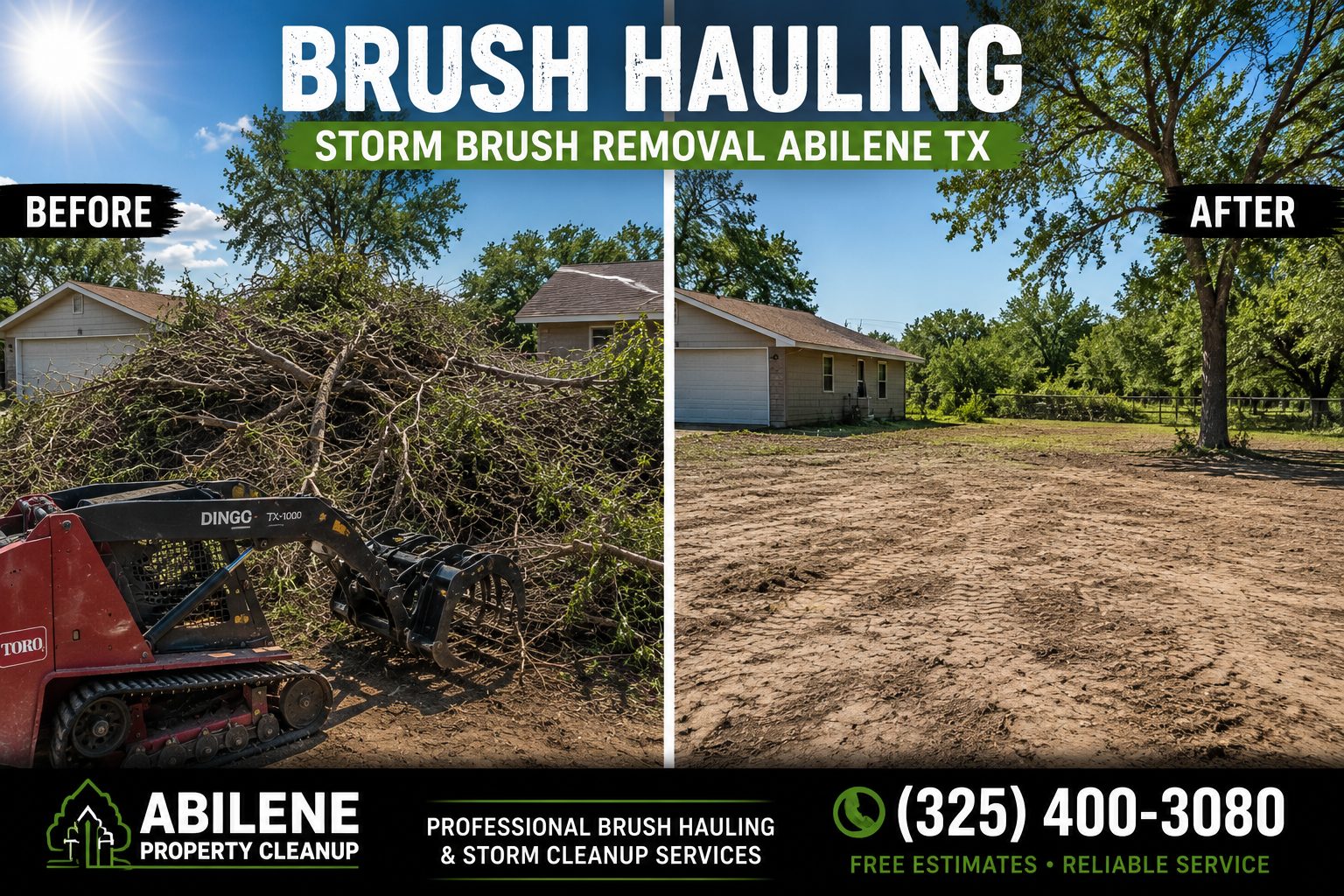 Before and after storm brush removal cleanup project in Abilene TX