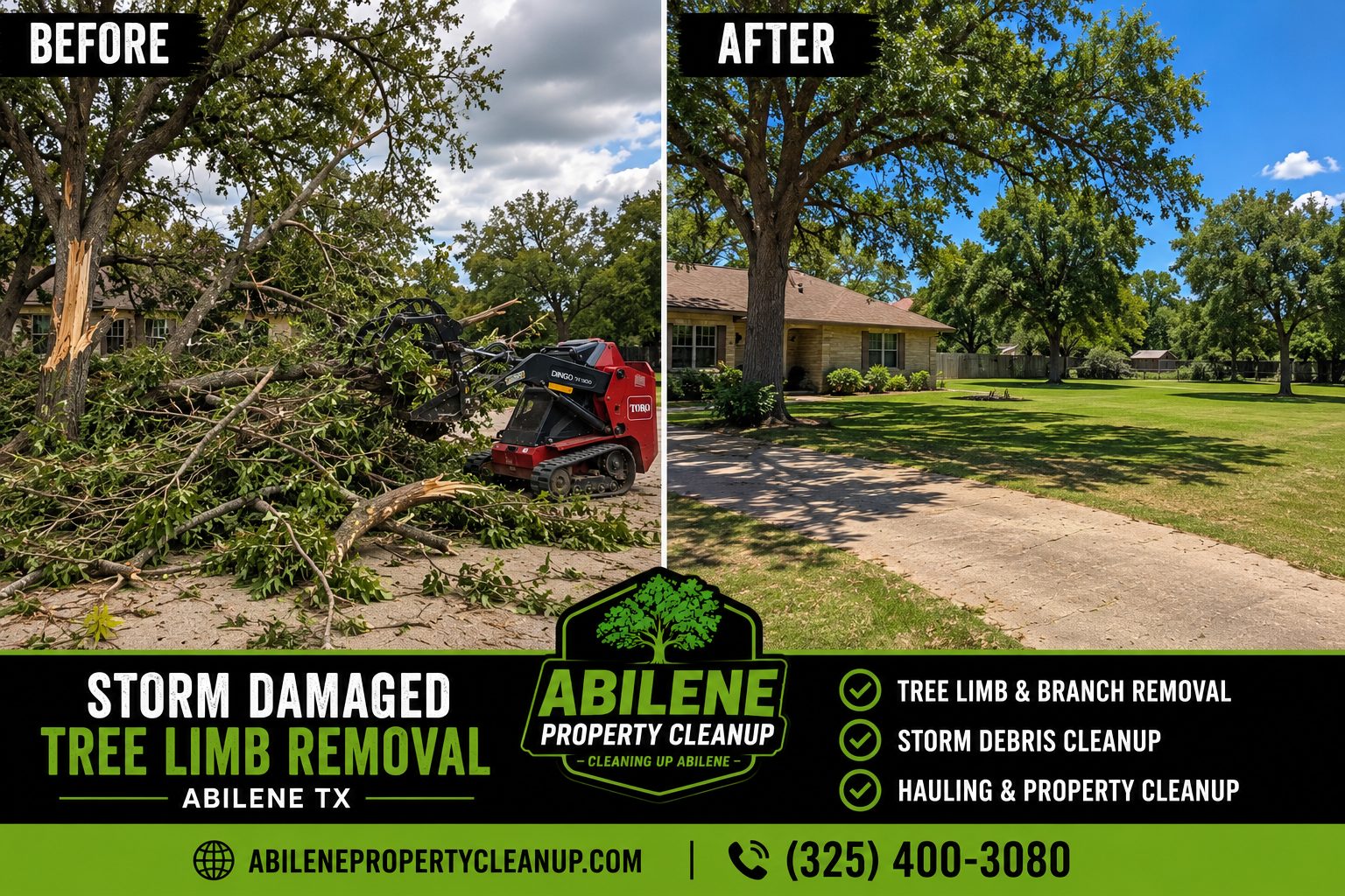 Before and after storm damaged tree limb removal showing property cleanup results in Abilene TX.