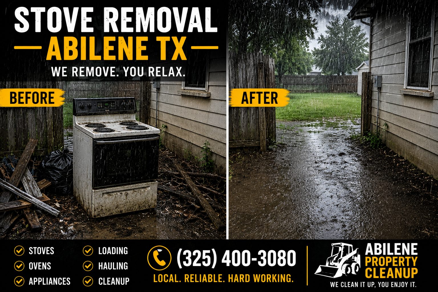 Before and after stove removal from a kitchen in Abilene TX showing old stove hauled away