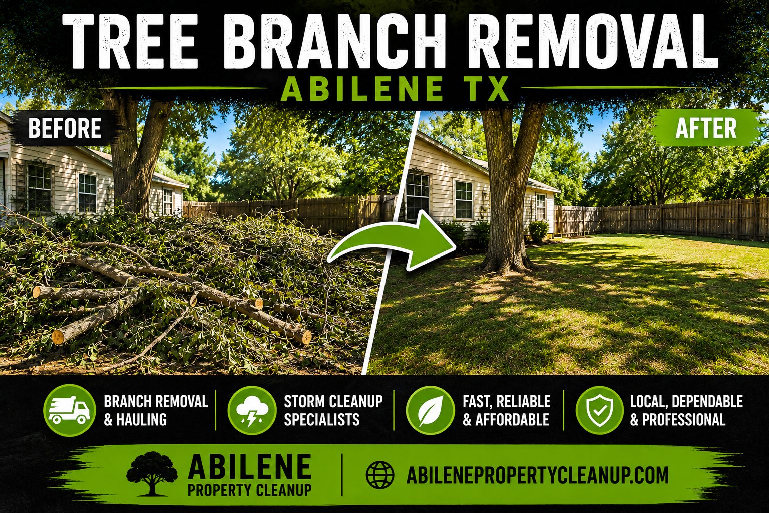 Before and after tree branch removal showing a property cleaned of fallen branches in Abilene TX.
