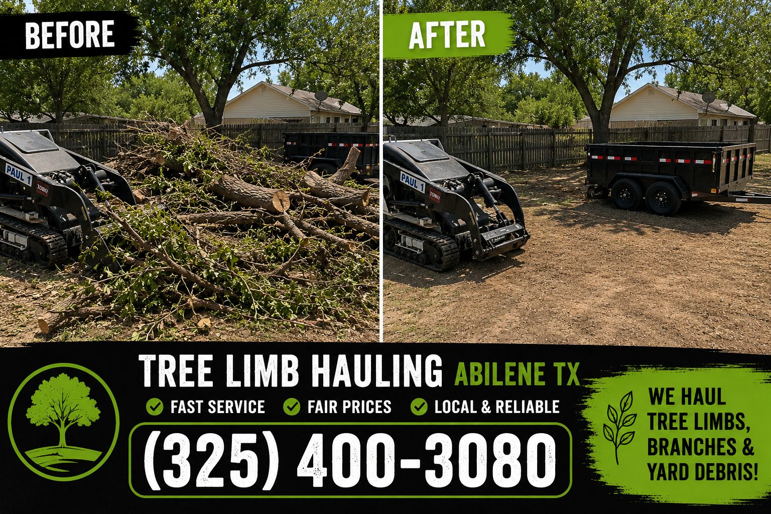 Before and after comparison showing tree limb hauling and debris removal from a front yard in Abilene TX.