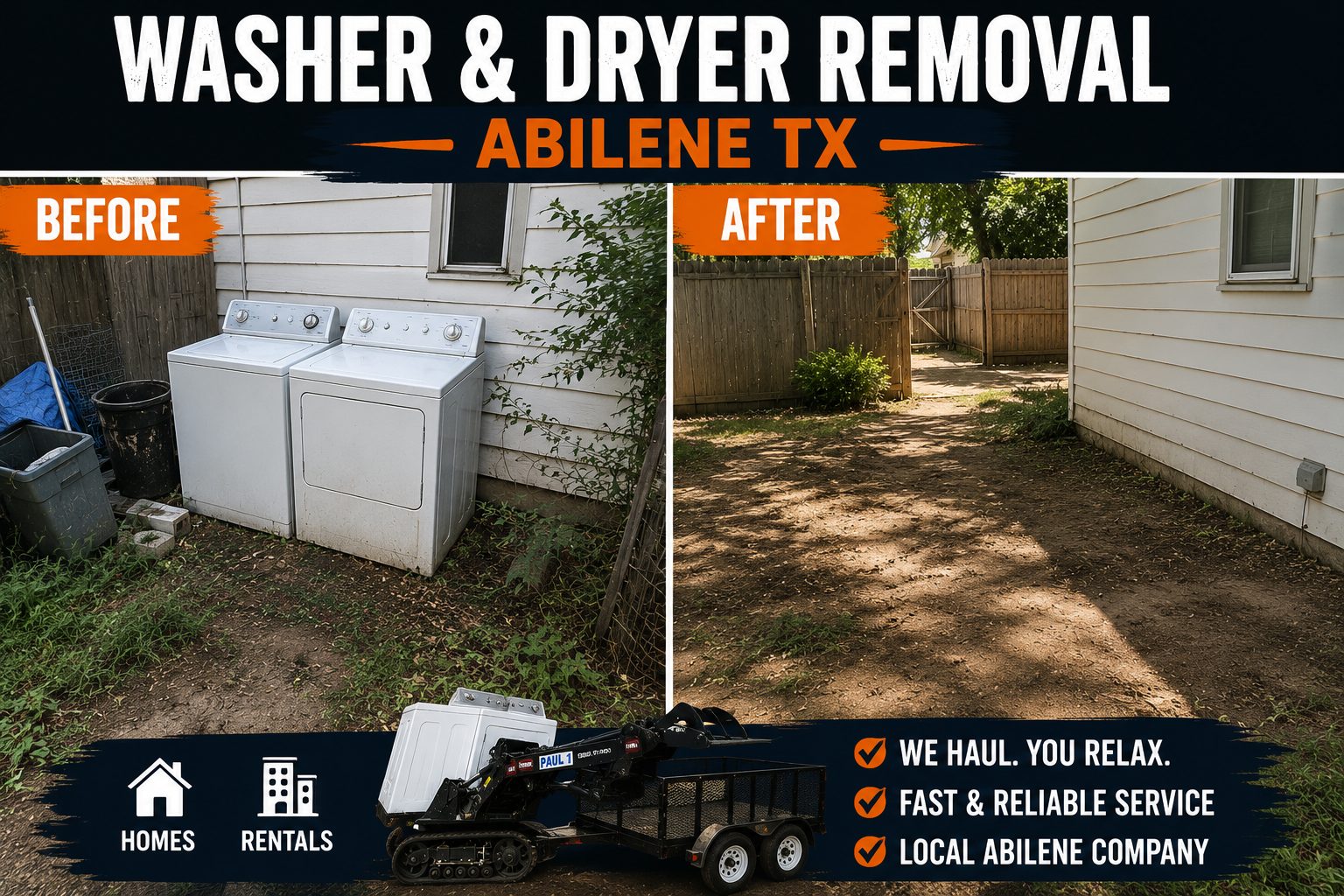 Before and after washer and dryer removal project showing unwanted appliances removed from a residential property in Abilene TX.
