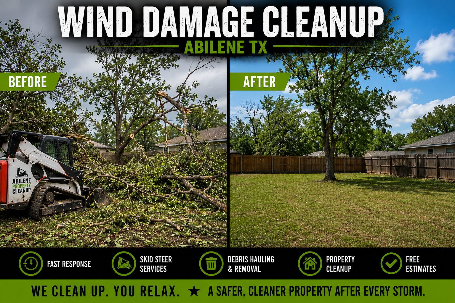 Before and after comparison showing storm-damaged property restored after wind damage cleanup in Abilene TX.