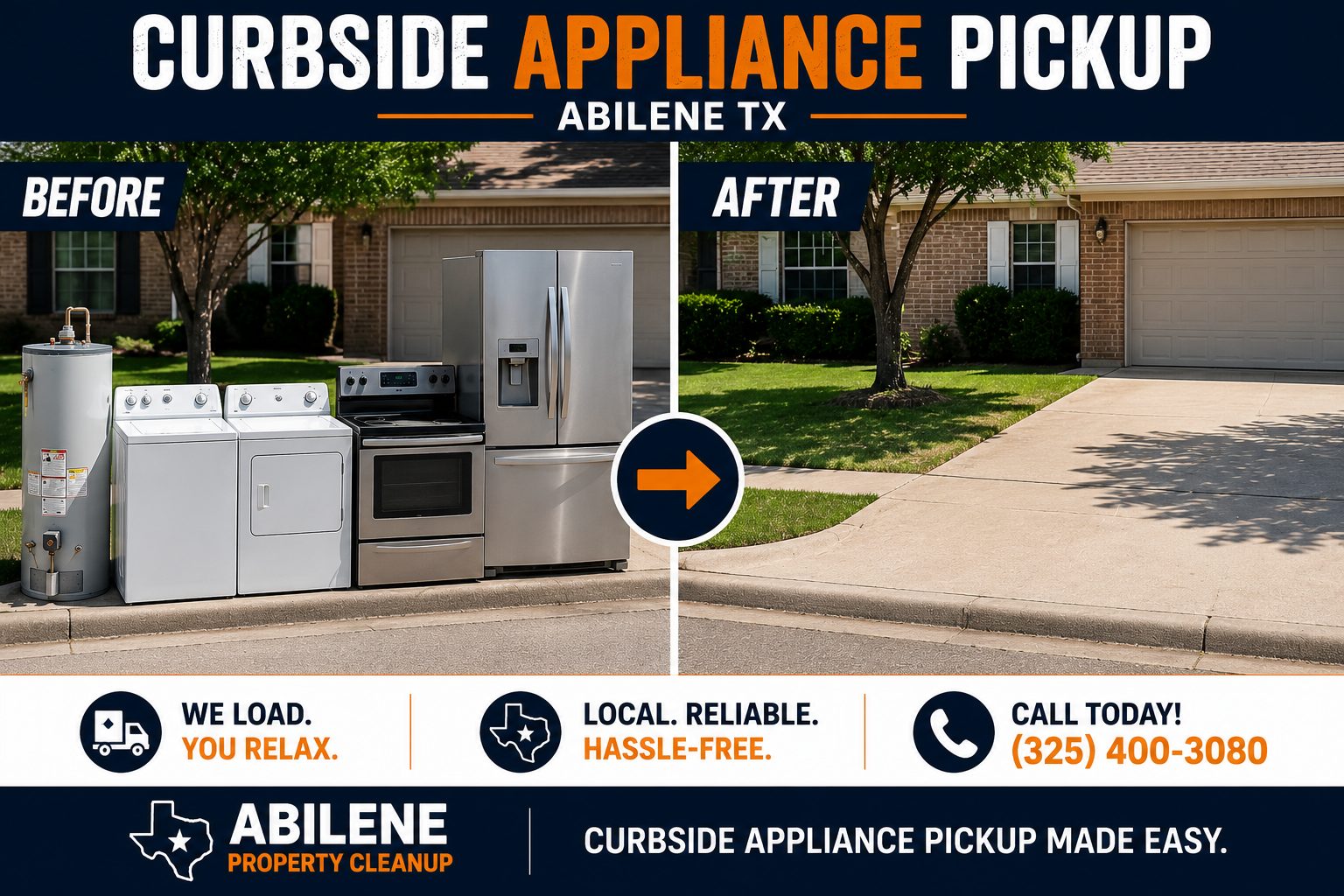 Before and after curbside appliance pickup in Abilene TX showing appliances removed from a driveway