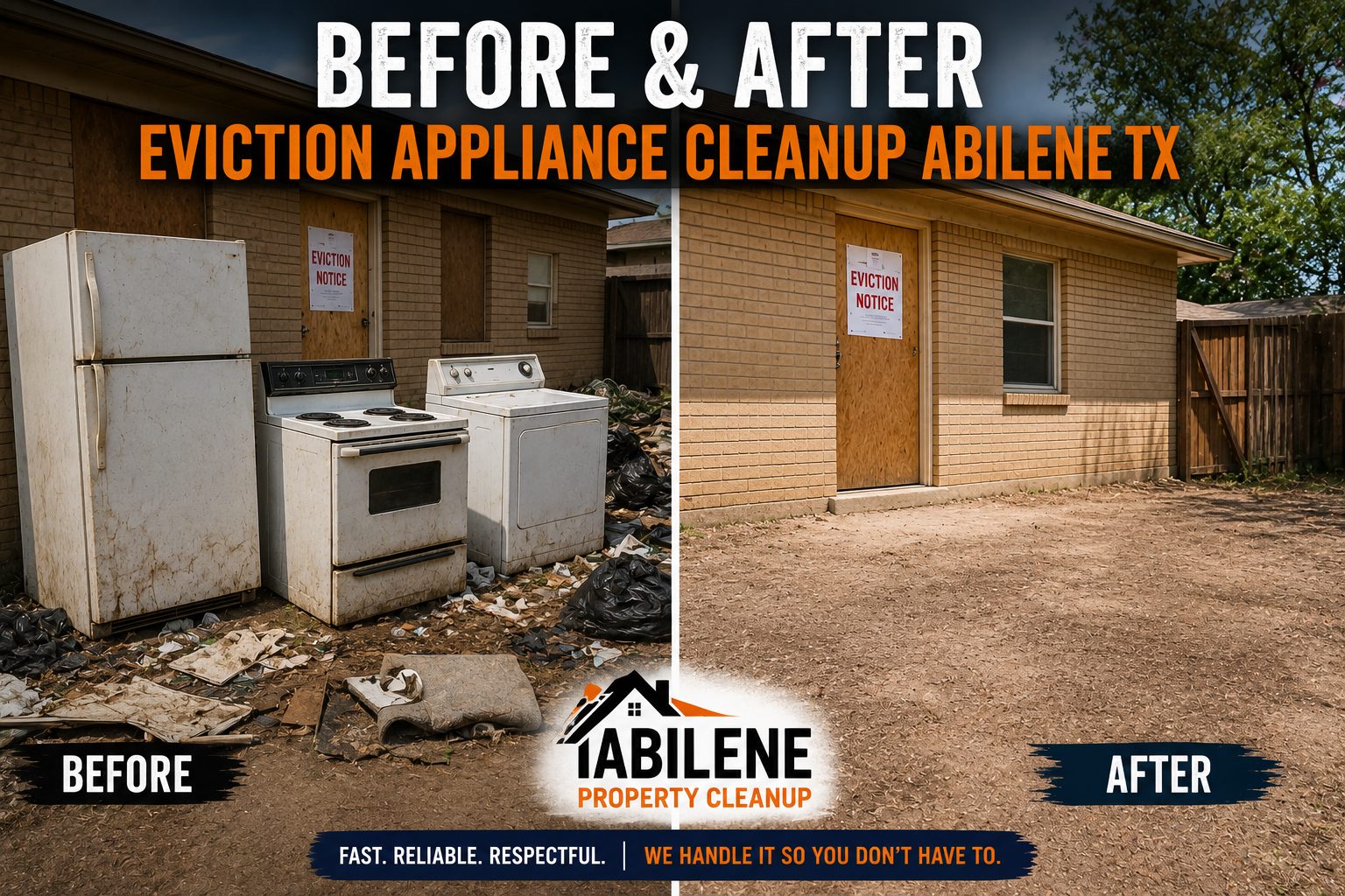 Before and after eviction appliance cleanup in Abilene TX showing old appliances and debris removed from a rental property
