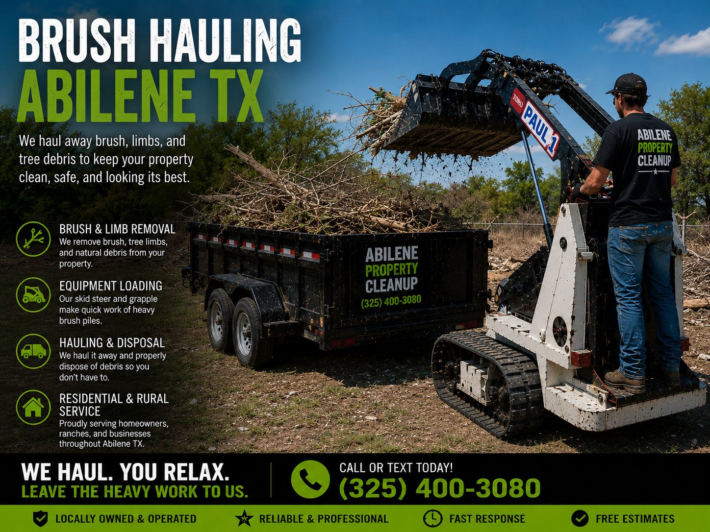 Toro Dingo mini skid steer loading brush during a brush hauling project in Abilene TX