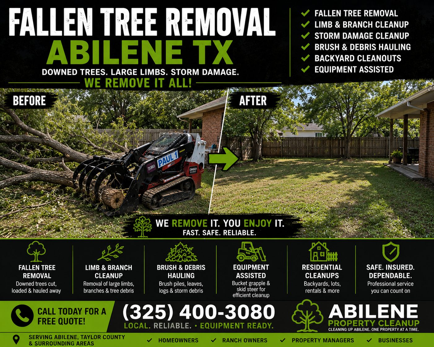 Bucket grapple loading fallen tree logs in Abilene TX