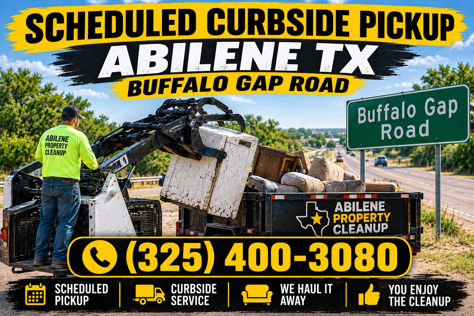 Scheduled curbside pickup on Buffalo Gap Road in Abilene TX with Abilene Property Cleanup loading an appliance into a trailer