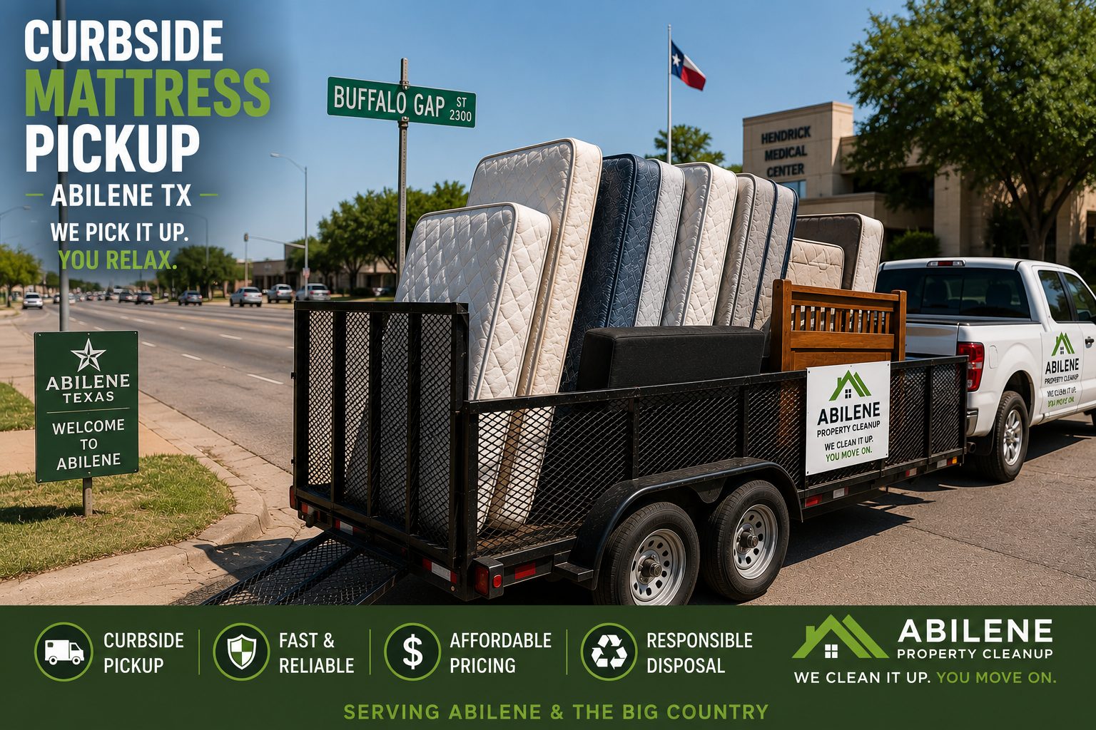 Loaded trailer with mattresses for curbside mattress pickup near Buffalo Gap St in Abilene TX